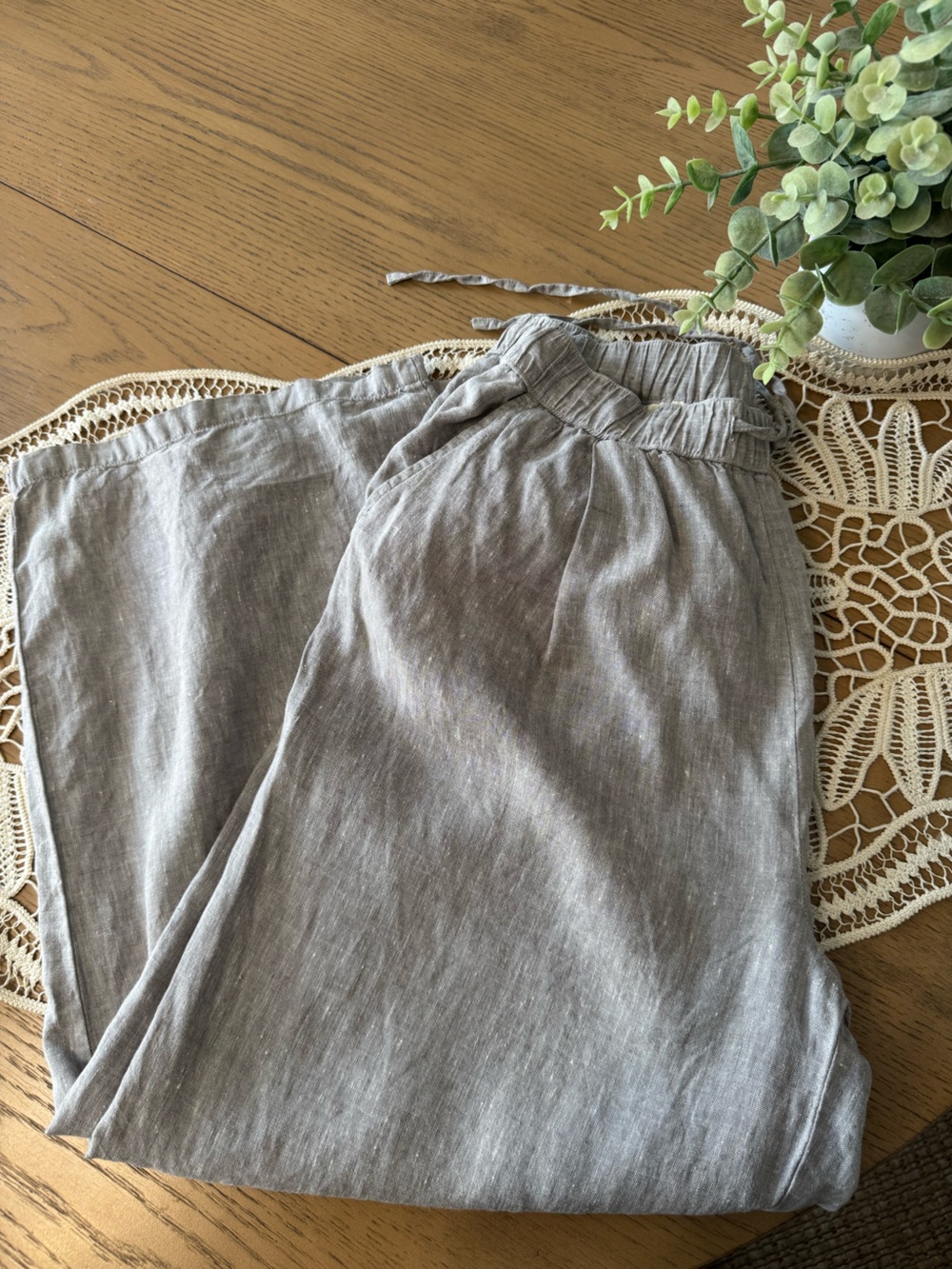 MUJI 100% Linen Gray Wide Leg Drawstring Pants Size Small